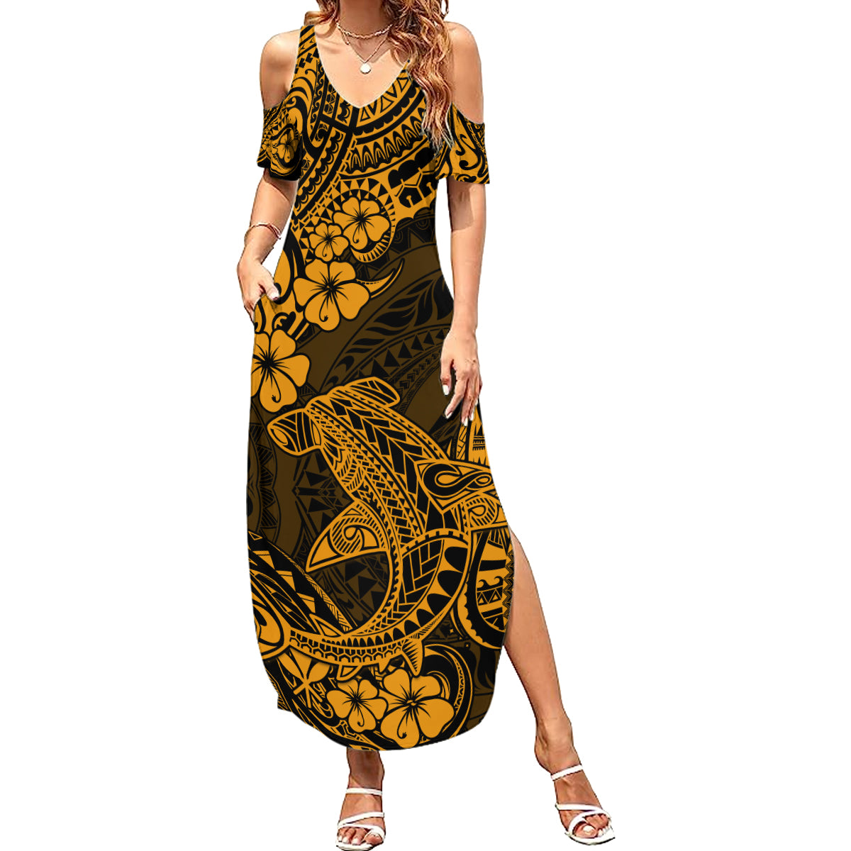 Hawaii Shark Summer Maxi Dress Polynesian Pattern Gold Version LT01 Women Gold - Polynesian Pride