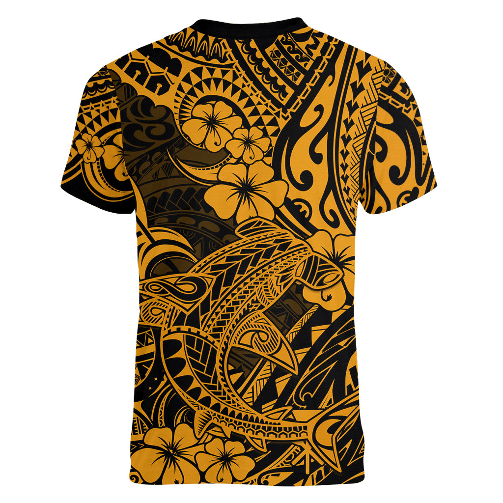 Hawaii Shark Women V Neck T Shirt Polynesian Pattern Gold Version LT01 - Polynesian Pride