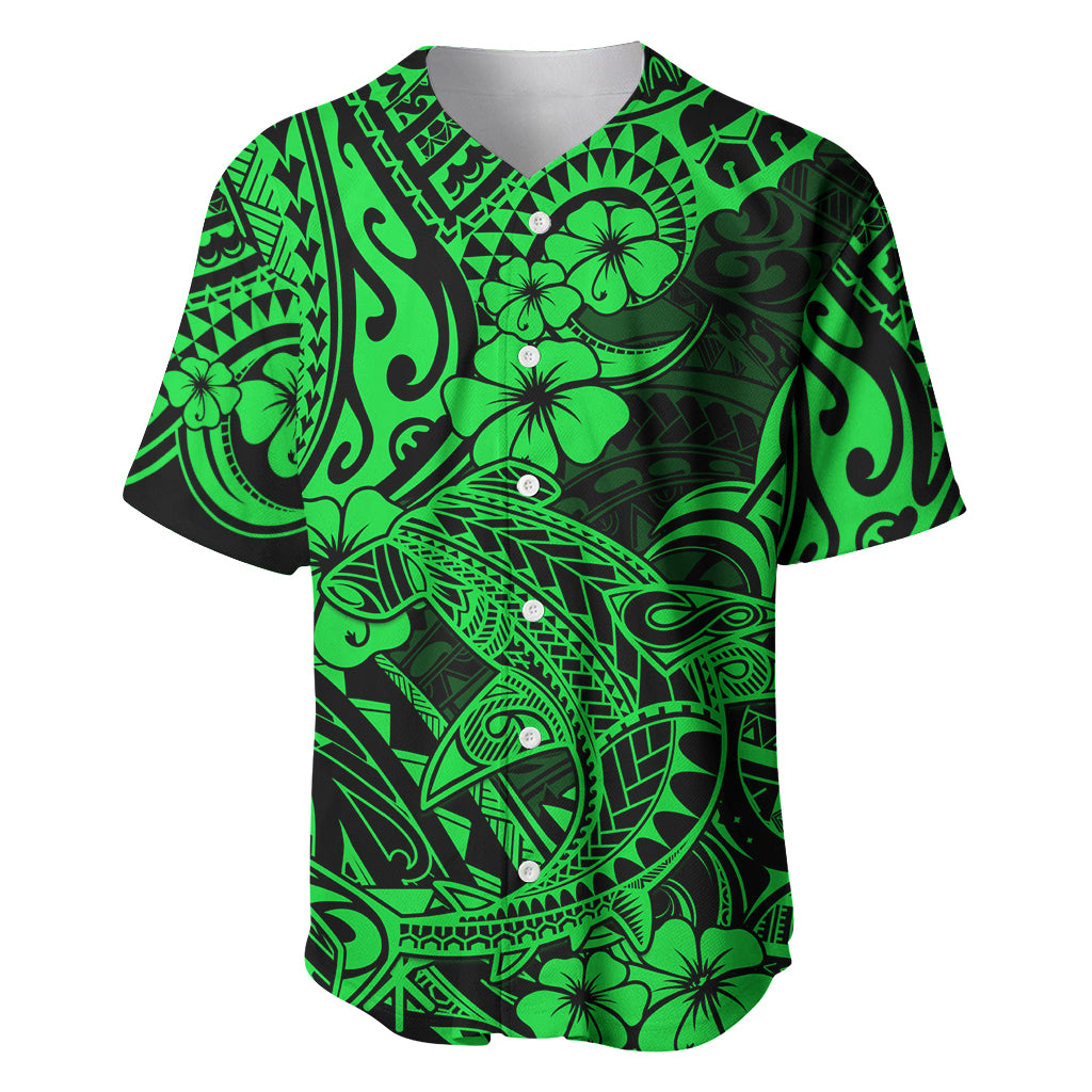 Hawaii Shark Baseball Jersey Polynesian Pattern Green Version LT01 Green - Polynesian Pride