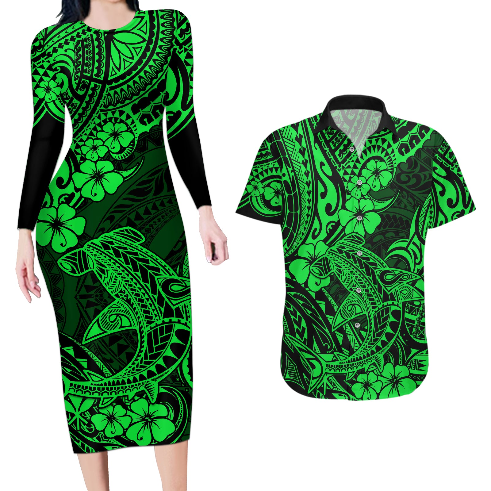 Hawaii Shark Couples Matching Long Sleeve Bodycon Dress and Hawaiian Shirt Polynesian Pattern Green Version LT01 Green - Polynesian Pride