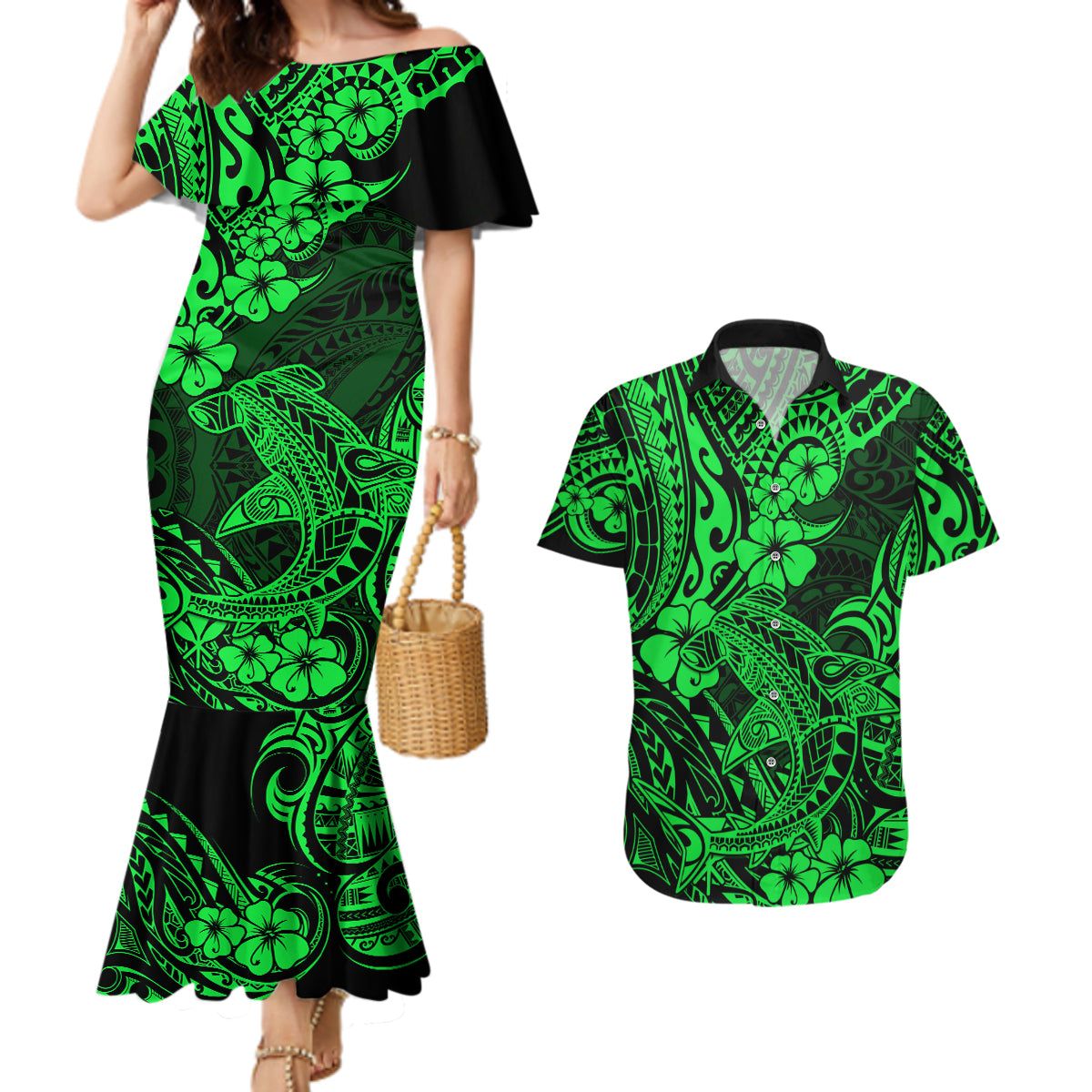 Hawaii Shark Couples Matching Mermaid Dress and Hawaiian Shirt Polynesian Pattern Green Version LT01 Green - Polynesian Pride