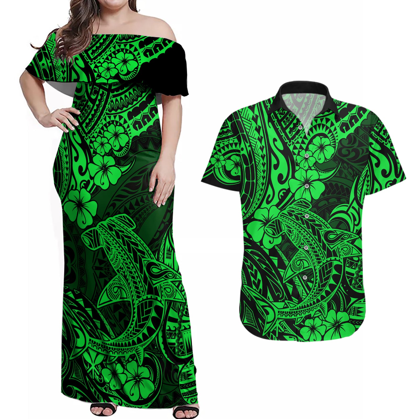 Hawaii Shark Couples Matching Off Shoulder Maxi Dress and Hawaiian Shirt Polynesian Pattern Green Version LT01 Green - Polynesian Pride