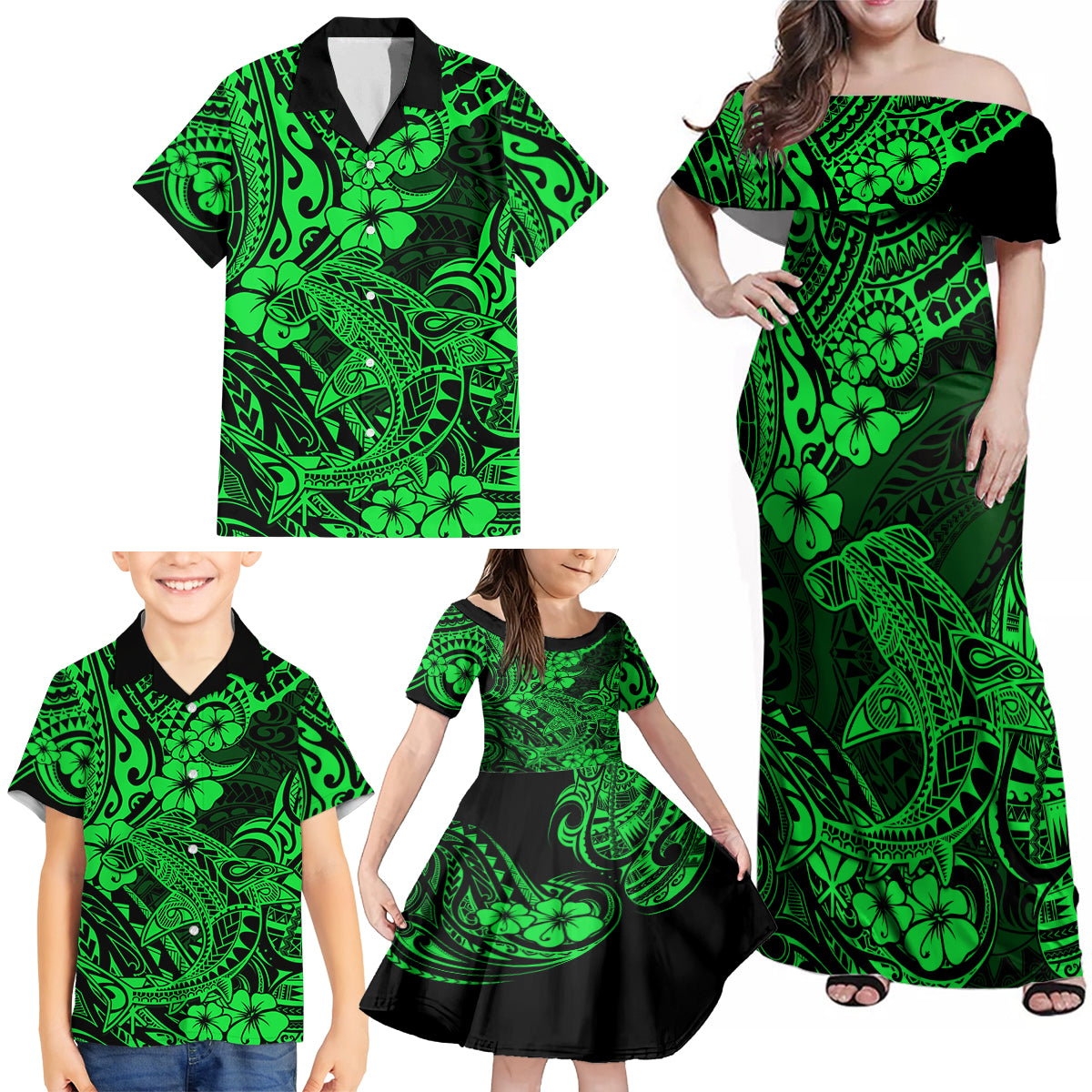 Hawaii Shark Family Matching Off Shoulder Maxi Dress and Hawaiian Shirt Polynesian Pattern Green Version LT01 - Polynesian Pride