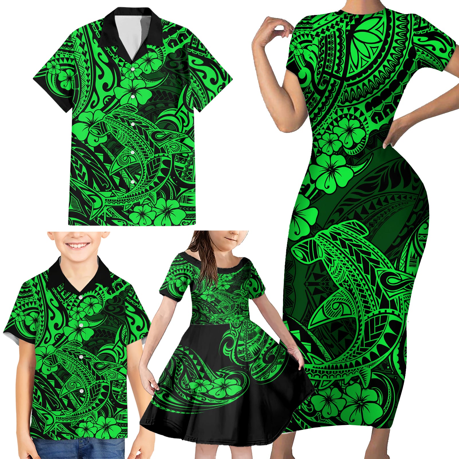 Hawaii Shark Family Matching Short Sleeve Bodycon Dress and Hawaiian Shirt Polynesian Pattern Green Version LT01 - Polynesian Pride