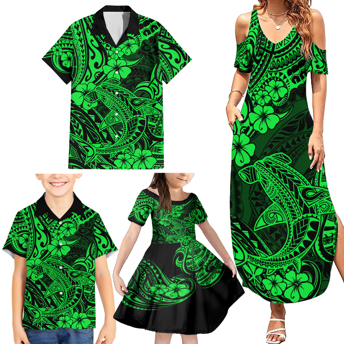 Hawaii Shark Family Matching Summer Maxi Dress and Hawaiian Shirt Polynesian Pattern Green Version LT01 - Polynesian Pride