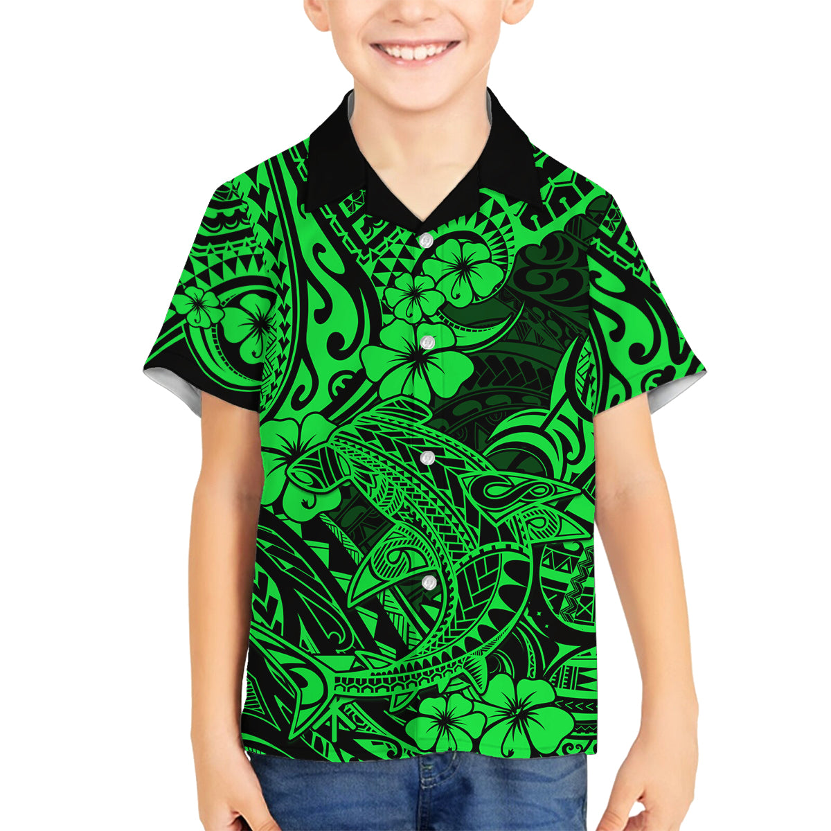 Hawaii Shark Family Matching Summer Maxi Dress and Hawaiian Shirt Polynesian Pattern Green Version LT01 Son's Shirt Green - Polynesian Pride