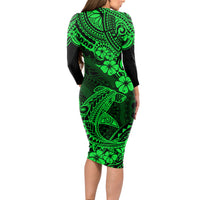 Hawaii Shark Long Sleeve Bodycon Dress Polynesian Pattern Green Version LT01 - Polynesian Pride