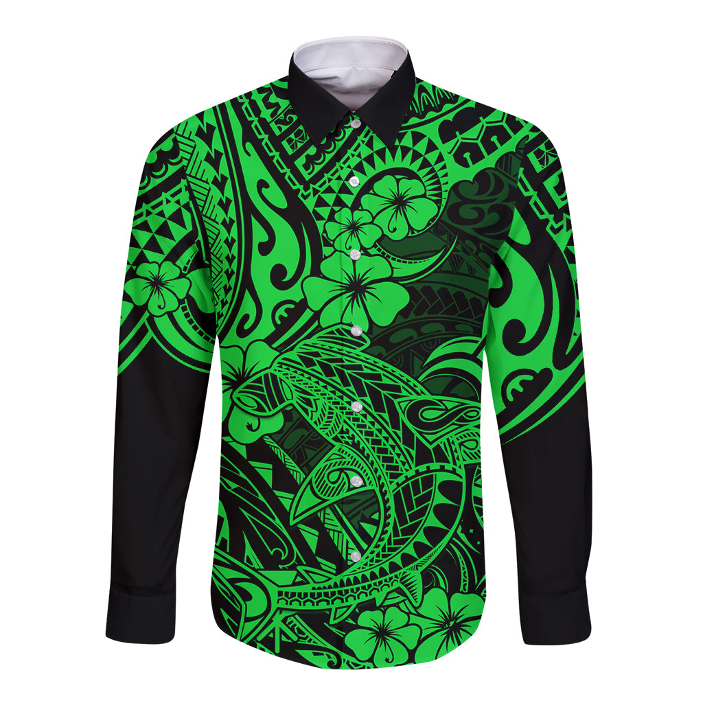 Hawaii Shark Long Sleeve Button Shirt Polynesian Pattern Green Version LT01 Unisex Green - Polynesian Pride