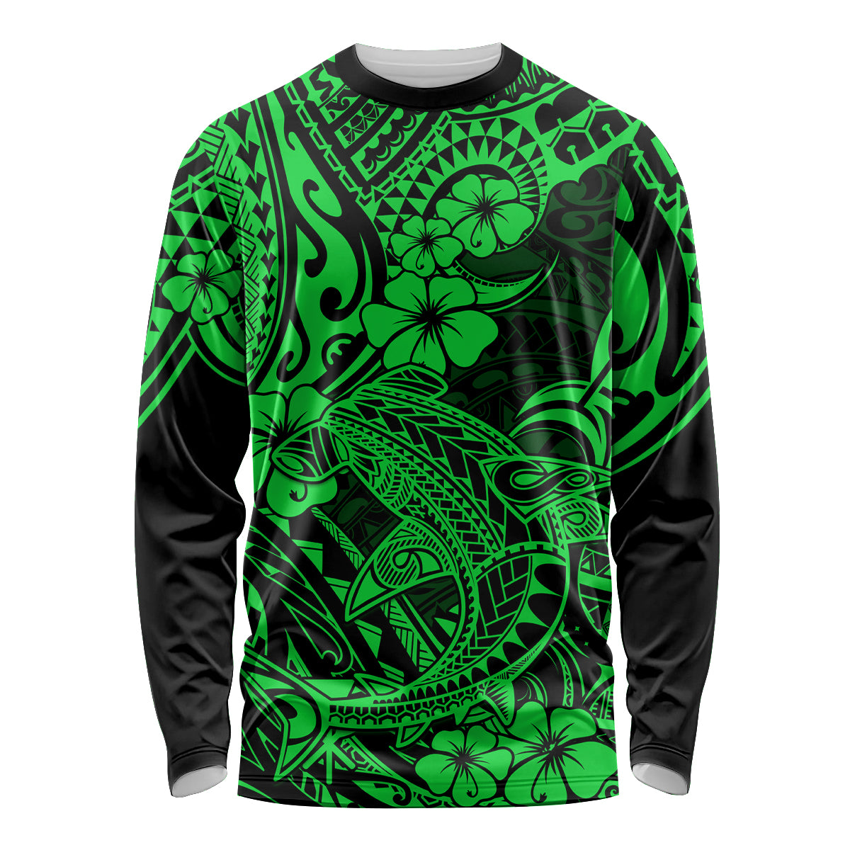 Hawaii Shark Long Sleeve Shirt Polynesian Pattern Green Version LT01 Unisex Green - Polynesian Pride