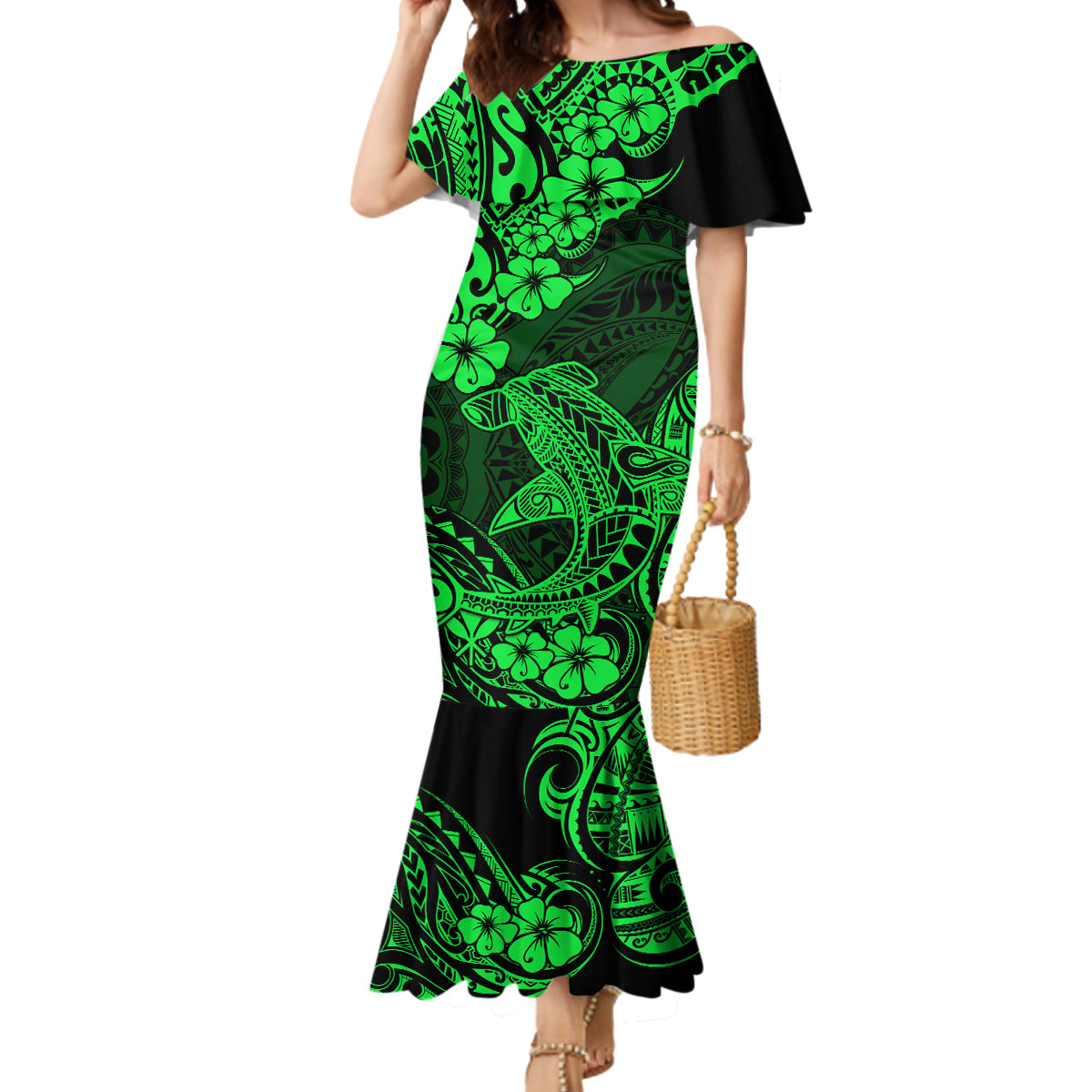 Hawaii Shark Mermaid Dress Polynesian Pattern Green Version LT01 Women Green - Polynesian Pride