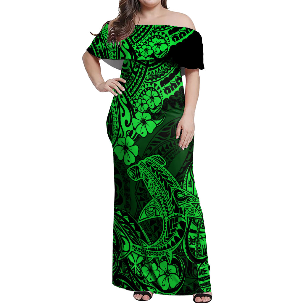 Hawaii Shark Off Shoulder Maxi Dress Polynesian Pattern Green Version LT01 Women Green - Polynesian Pride