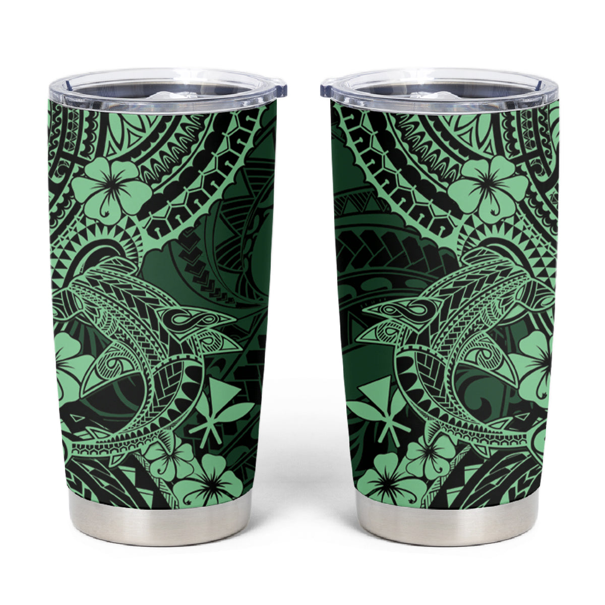 Hawaii Shark Tumbler Cup Polynesian Pattern Green Version