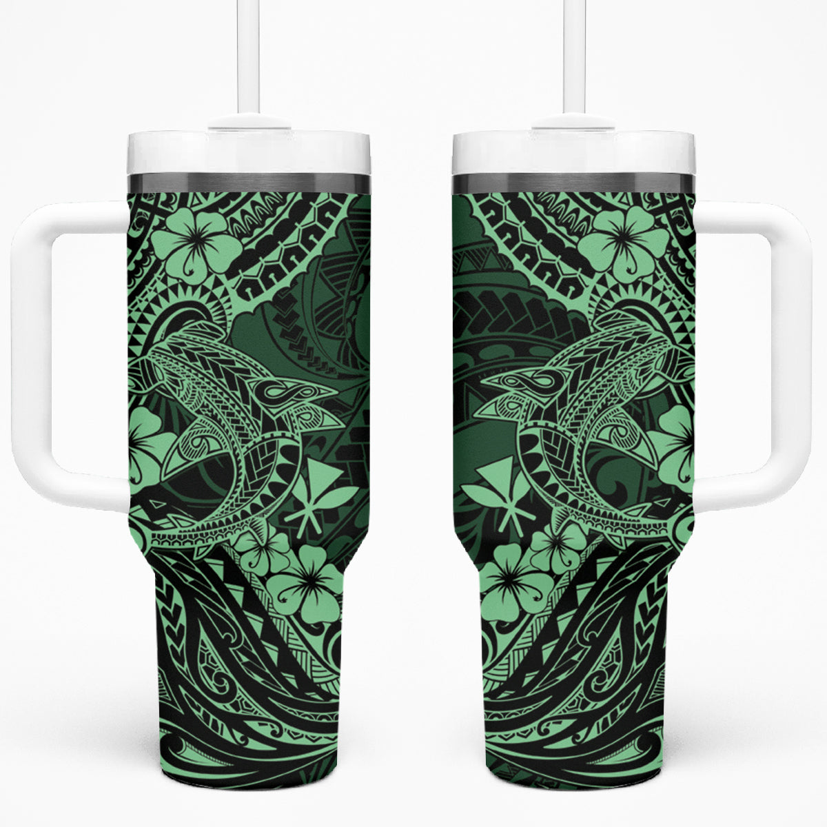 Hawaii Shark Tumbler With Handle Polynesian Pattern Green Version