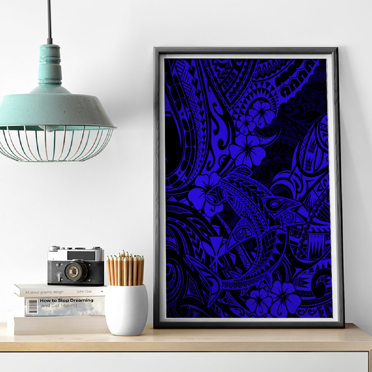 Hawaii Shark Canvas Wall Art Polynesian Pattern Navy Blue Version LT01 - Polynesian Pride