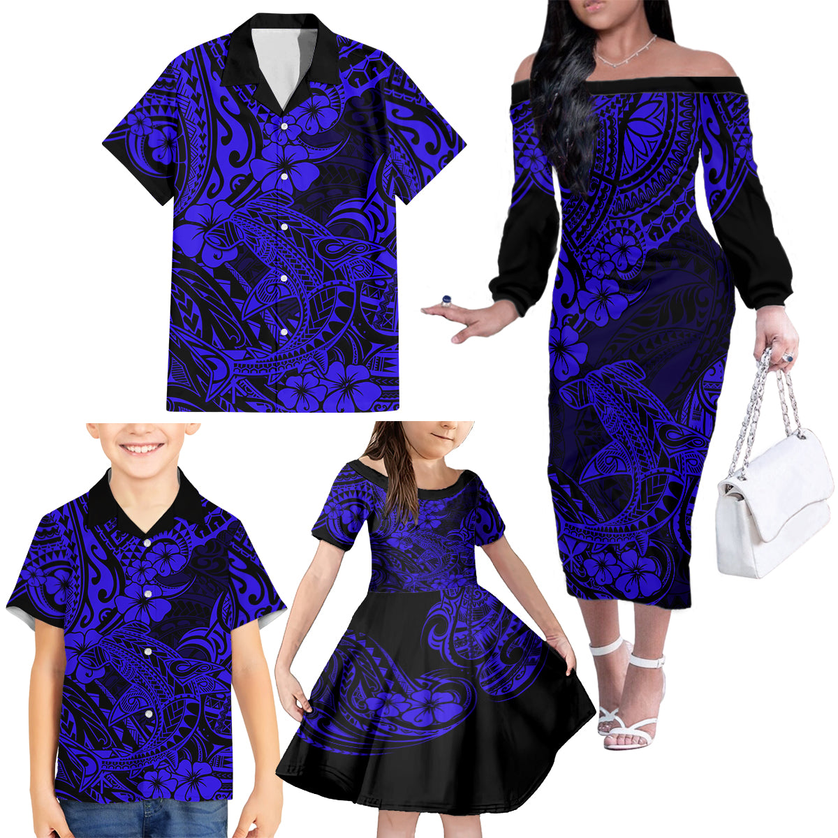 Hawaii Shark Family Matching Off Shoulder Long Sleeve Dress and Hawaiian Shirt Polynesian Pattern Navy Blue Version LT01 - Polynesian Pride