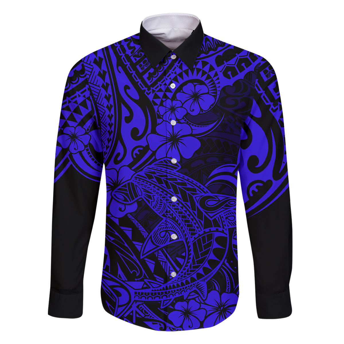 Hawaii Shark Family Matching Off Shoulder Long Sleeve Dress and Hawaiian Shirt Polynesian Pattern Navy Blue Version LT01 Dad's Shirt - Long Sleeve Blue - Polynesian Pride