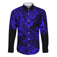 Hawaii Shark Family Matching Off Shoulder Long Sleeve Dress and Hawaiian Shirt Polynesian Pattern Navy Blue Version LT01 Dad's Shirt - Long Sleeve Blue - Polynesian Pride
