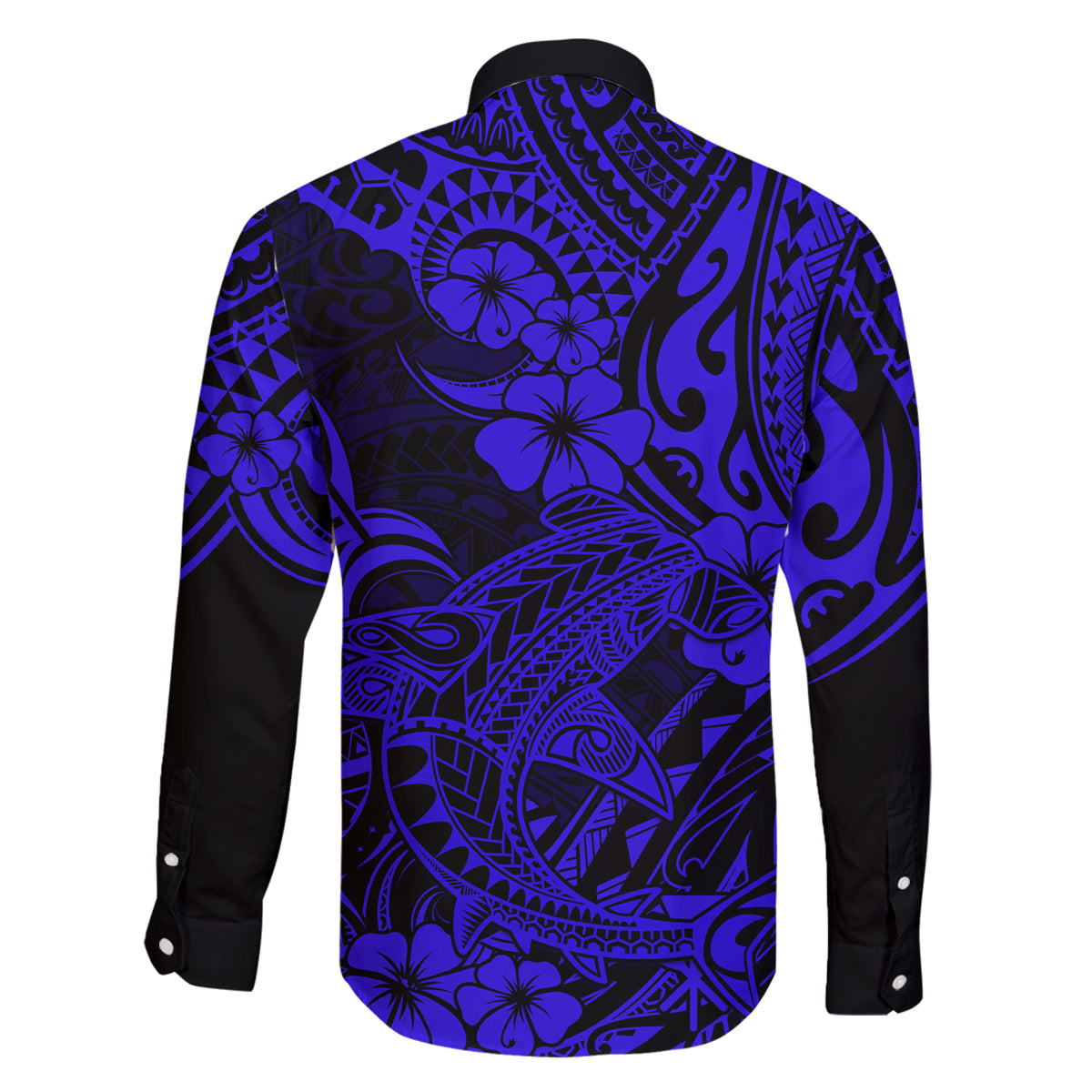 Hawaii Shark Family Matching Off Shoulder Long Sleeve Dress and Hawaiian Shirt Polynesian Pattern Navy Blue Version LT01 - Polynesian Pride