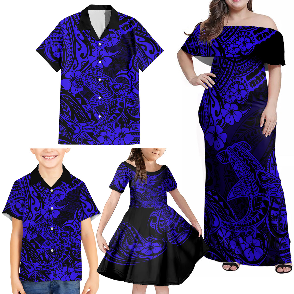 Hawaii Shark Family Matching Off Shoulder Maxi Dress and Hawaiian Shirt Polynesian Pattern Navy Blue Version LT01 - Polynesian Pride