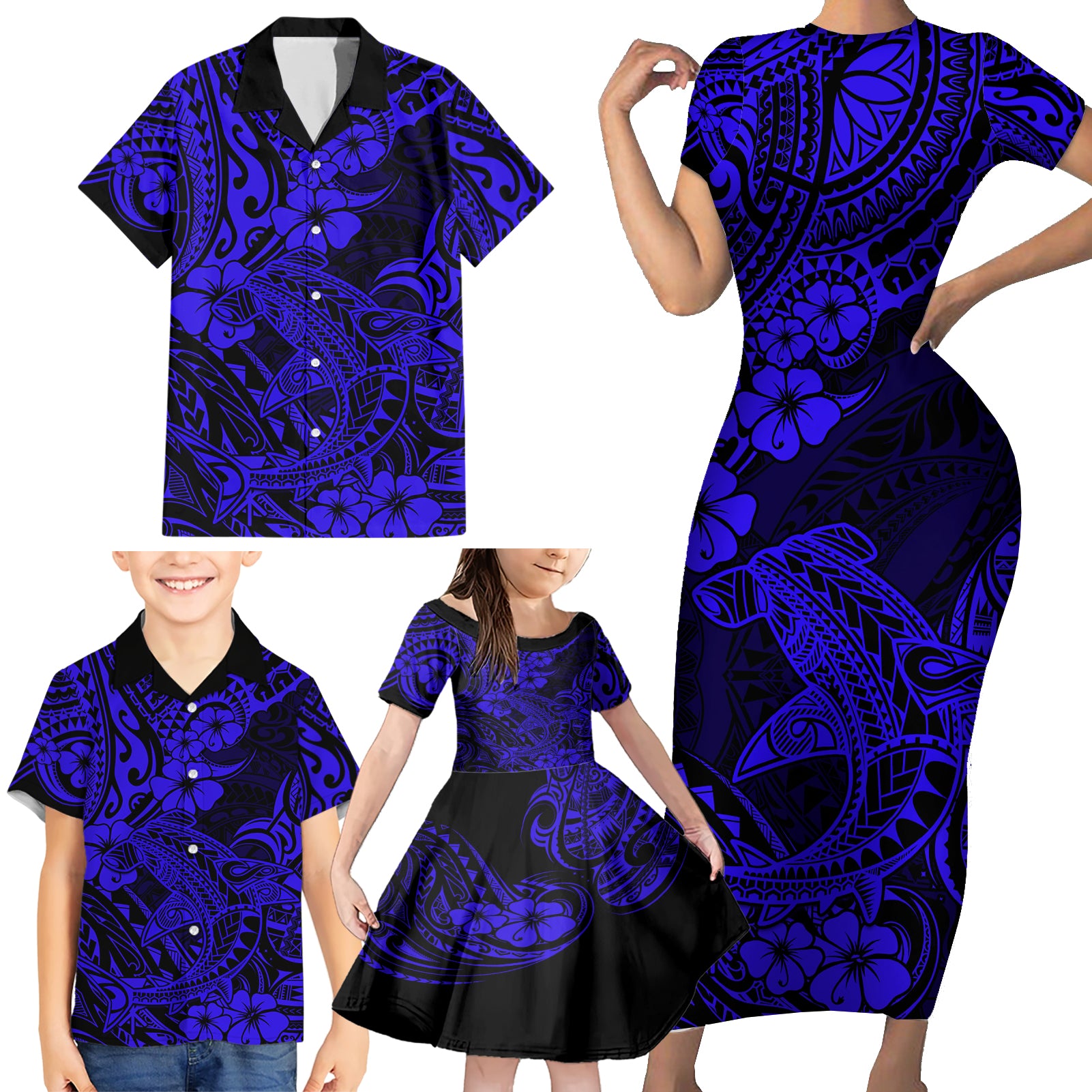 Hawaii Shark Family Matching Short Sleeve Bodycon Dress and Hawaiian Shirt Polynesian Pattern Navy Blue Version LT01 - Polynesian Pride