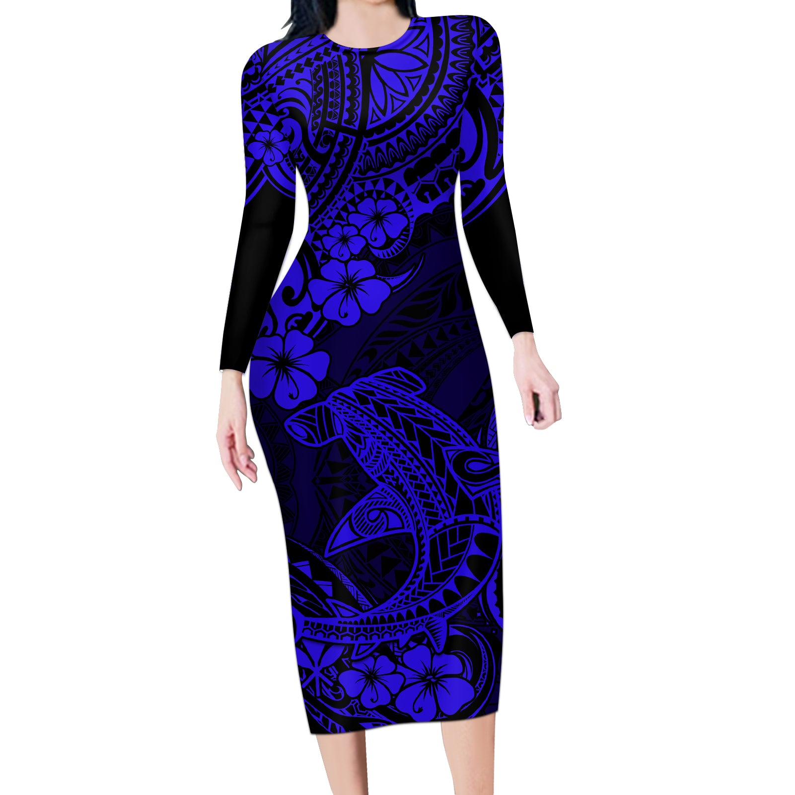 Hawaii Shark Long Sleeve Bodycon Dress Polynesian Pattern Navy Blue Version LT01 Long Dress Blue - Polynesian Pride