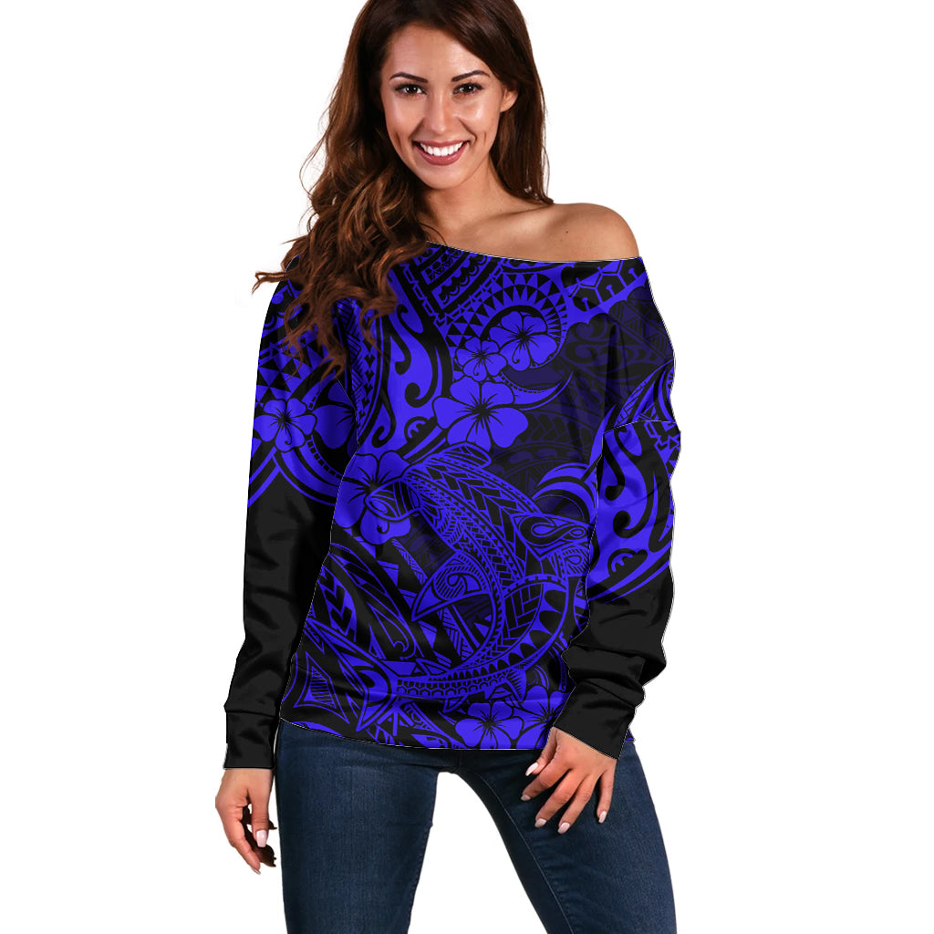 Hawaii Shark Off Shoulder Sweater Polynesian Pattern Navy Blue Version LT01 Women Blue - Polynesian Pride