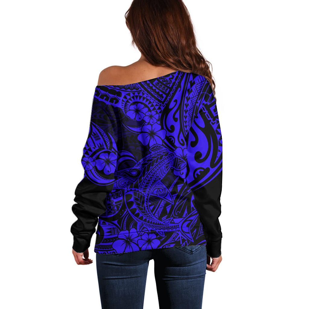 Hawaii Shark Off Shoulder Sweater Polynesian Pattern Navy Blue Version LT01 - Polynesian Pride