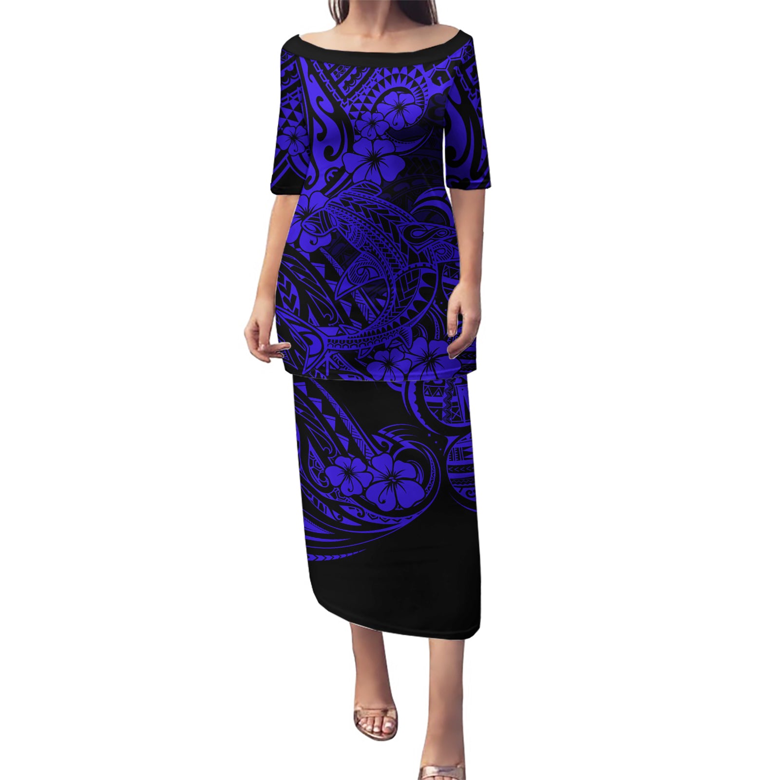 Hawaii Shark Puletasi Polynesian Pattern Navy Blue Version LT01 Long Dress Blue - Polynesian Pride