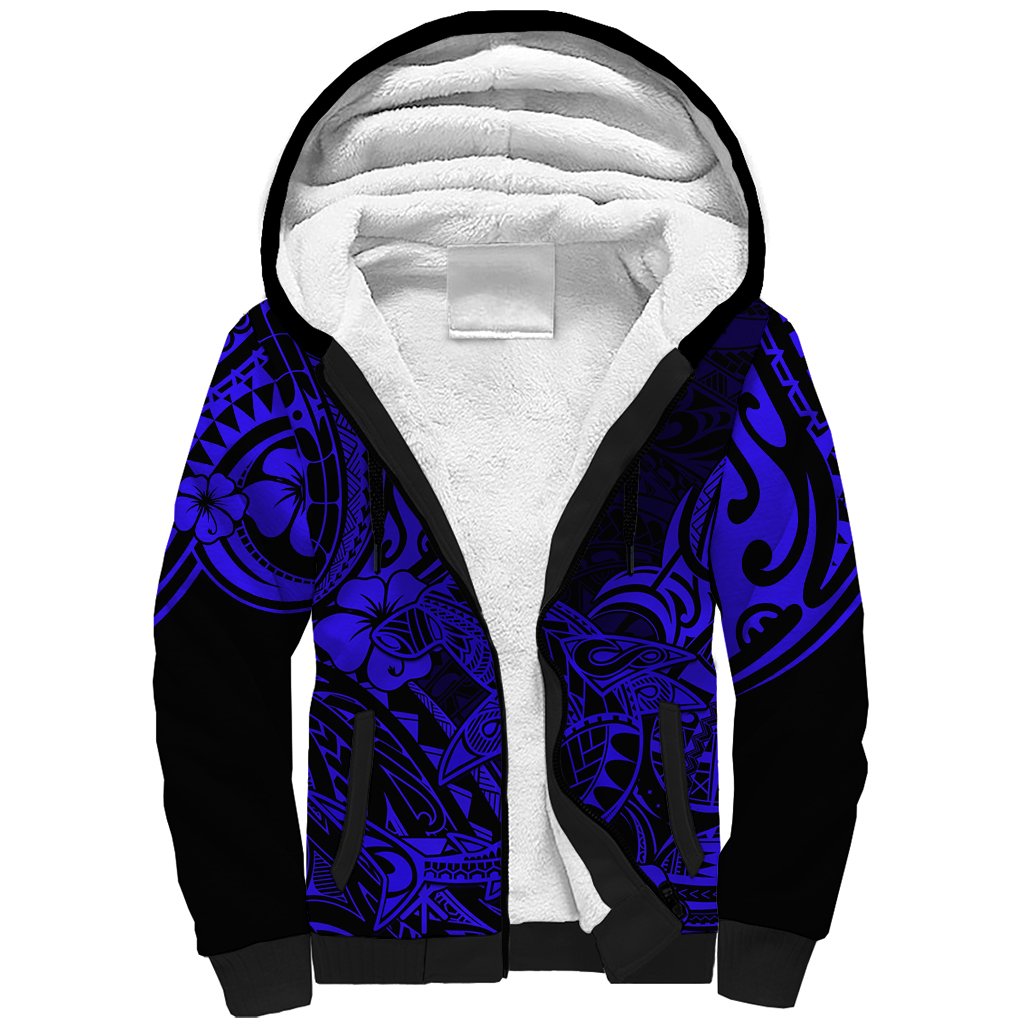 Hawaii Shark Sherpa Hoodie Polynesian Pattern Navy Blue Version LT01 Unisex Blue - Polynesian Pride