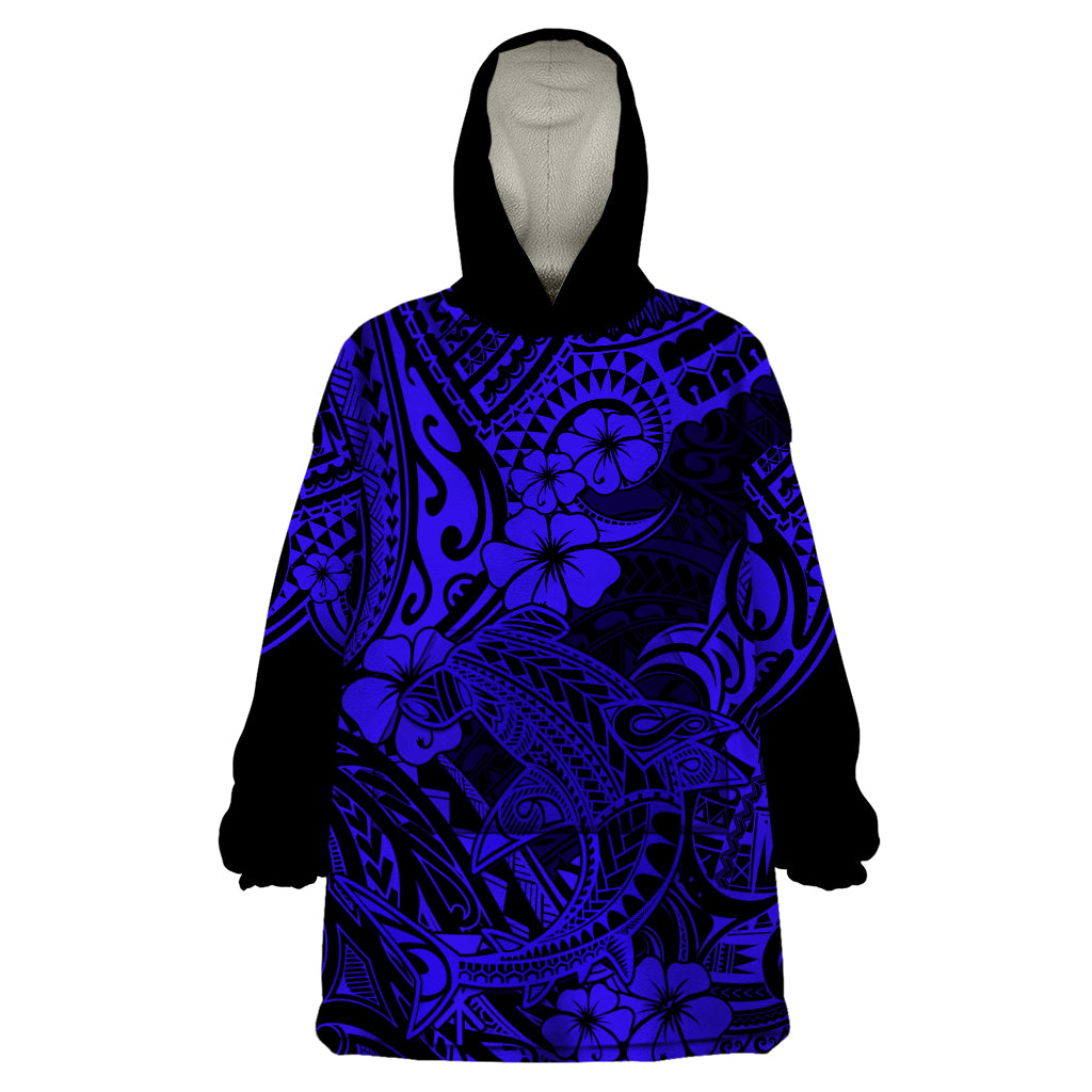 Hawaii Shark Wearable Blanket Hoodie Polynesian Pattern Navy Blue Version LT01 One Size Blue - Polynesian Pride