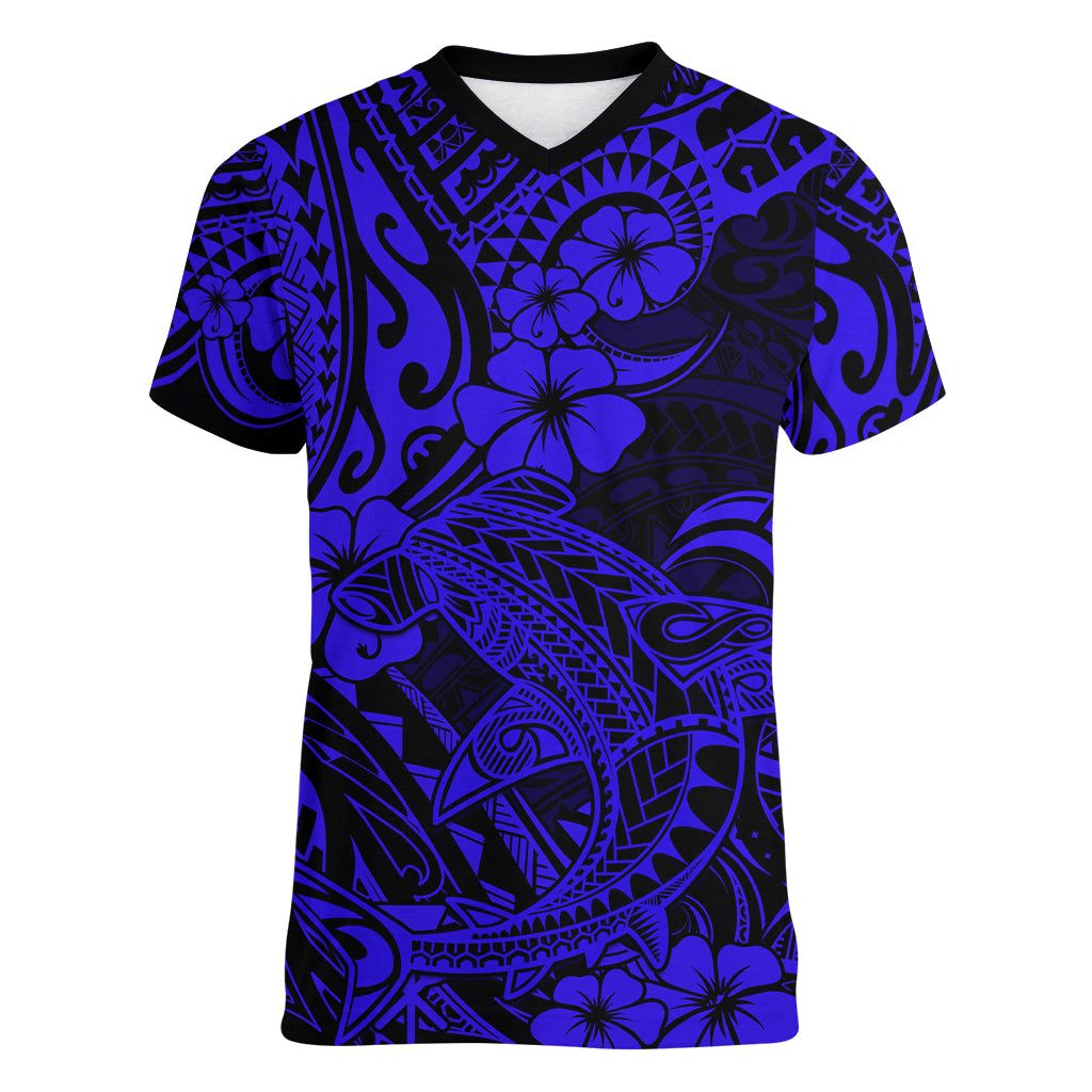Hawaii Shark Women V Neck T Shirt Polynesian Pattern Navy Blue Version LT01 Female Blue - Polynesian Pride