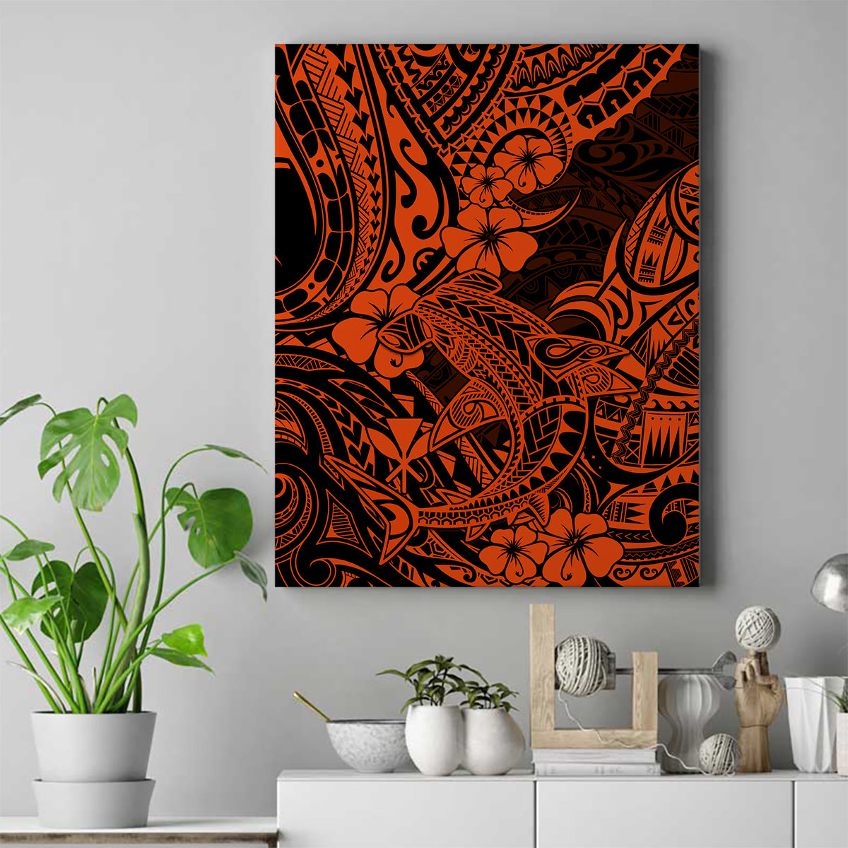 Hawaii Shark Canvas Wall Art Polynesian Pattern Orange Version LT01 Orange - Polynesian Pride