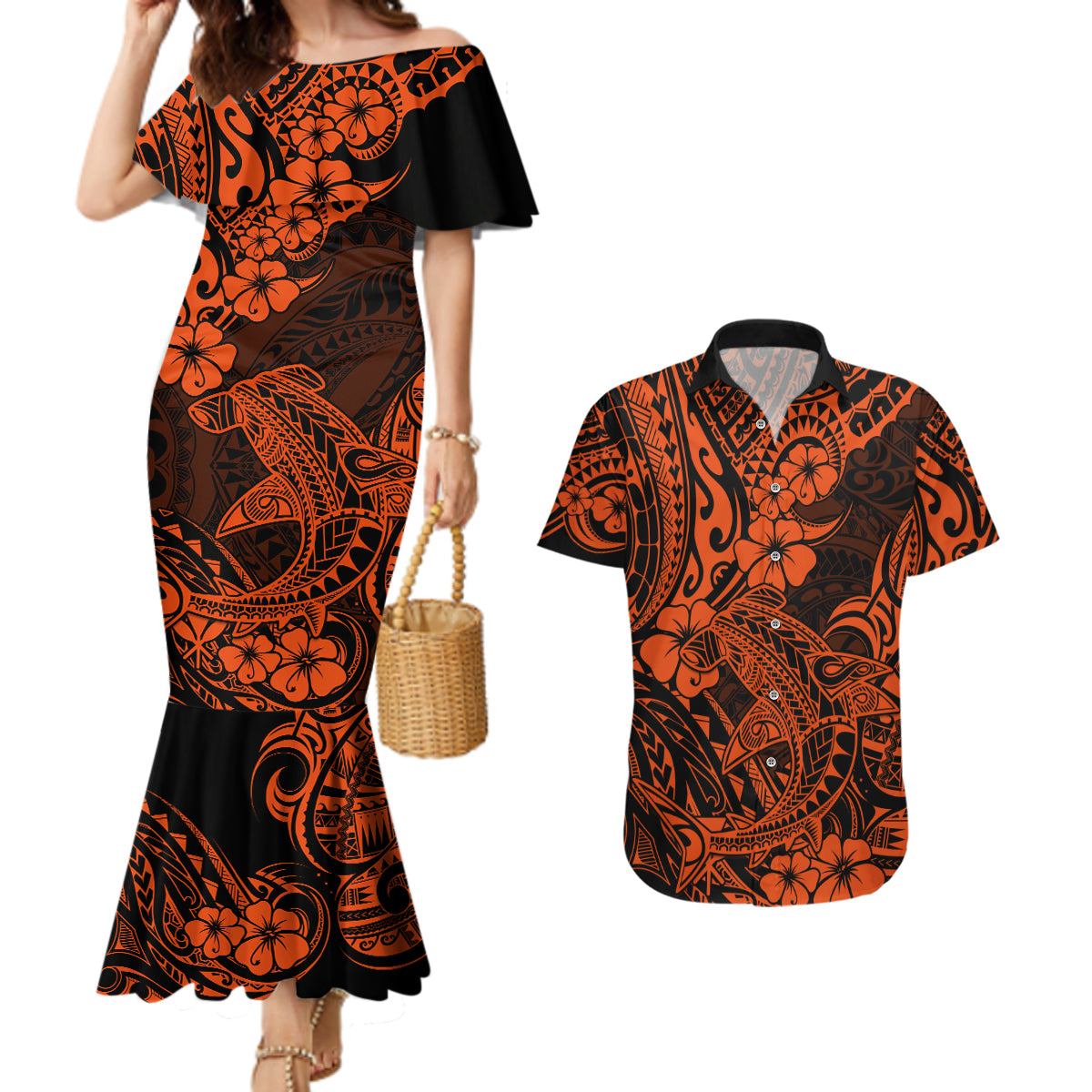 Hawaii Shark Couples Matching Mermaid Dress and Hawaiian Shirt Polynesian Pattern Orange Version LT01 Orange - Polynesian Pride