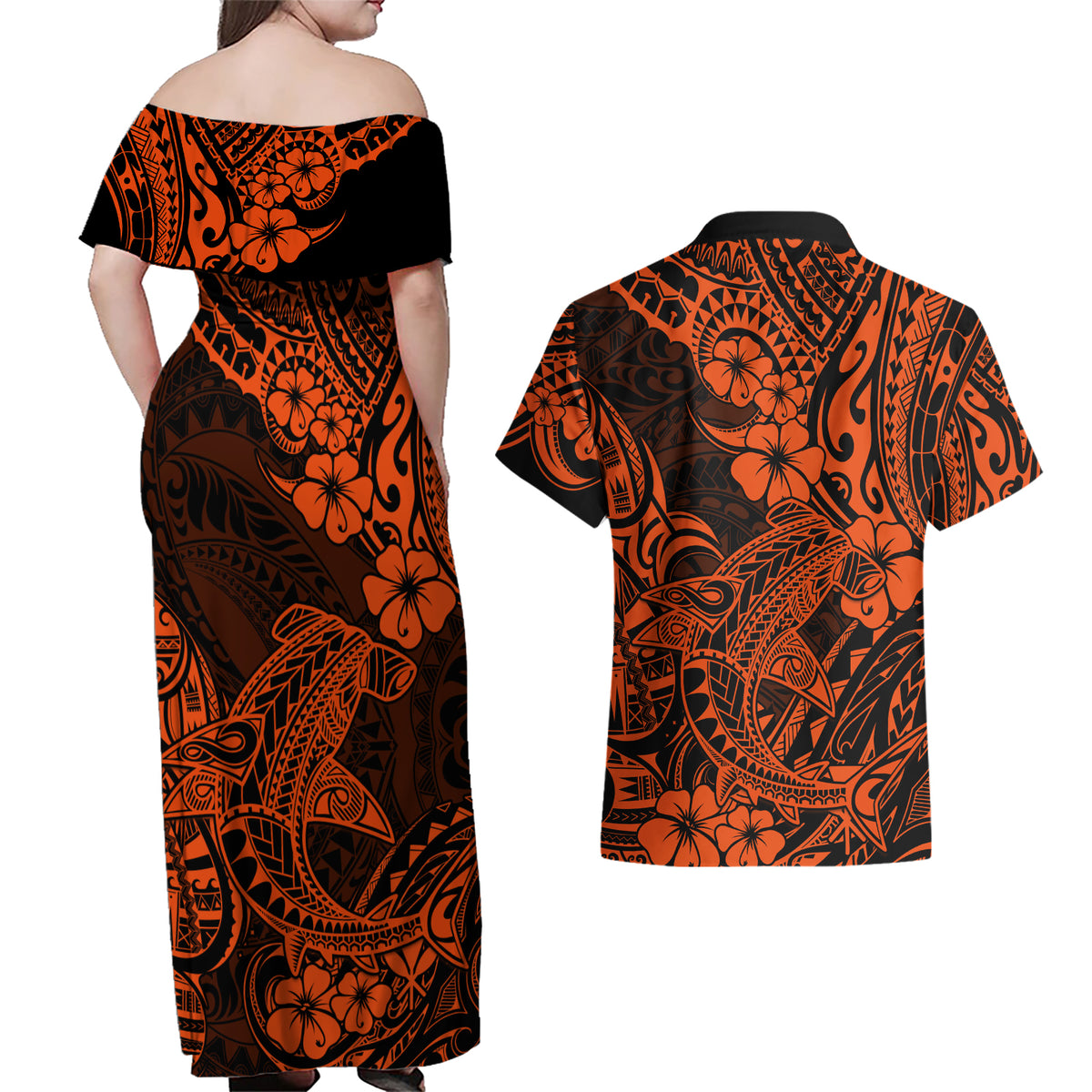 Hawaii Shark Couples Matching Off Shoulder Maxi Dress and Hawaiian Shirt Polynesian Pattern Orange Version LT01 - Polynesian Pride