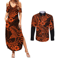 Hawaii Shark Couples Matching Summer Maxi Dress and Long Sleeve Button Shirts Polynesian Pattern Orange Version LT01 Orange - Polynesian Pride