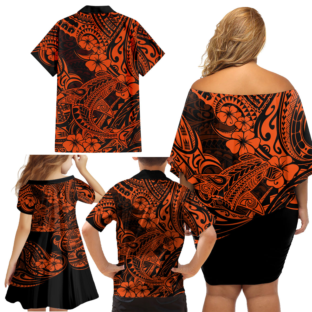 Hawaii Shark Family Matching Off Shoulder Short Dress and Hawaiian Shirt Polynesian Pattern Orange Version LT01 - Polynesian Pride