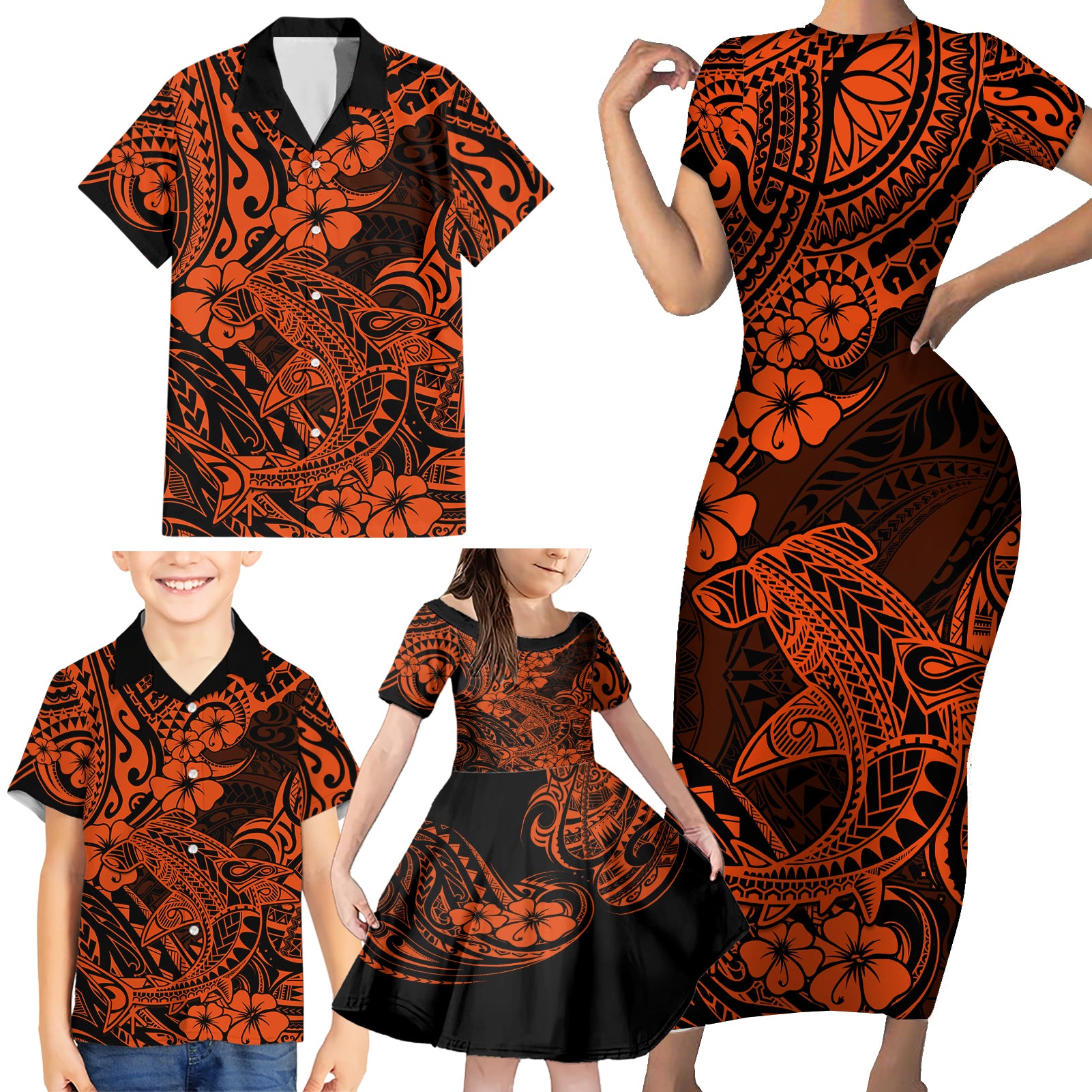 Hawaii Shark Family Matching Short Sleeve Bodycon Dress and Hawaiian Shirt Polynesian Pattern Orange Version LT01 - Polynesian Pride