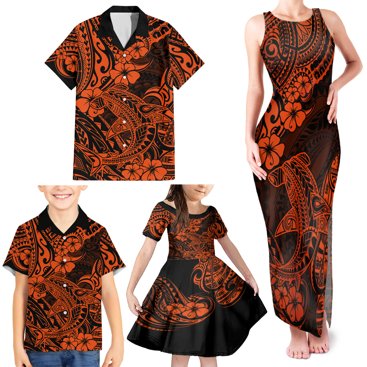 Hawaii Shark Family Matching Tank Maxi Dress and Hawaiian Shirt Polynesian Pattern Orange Version LT01 - Polynesian Pride