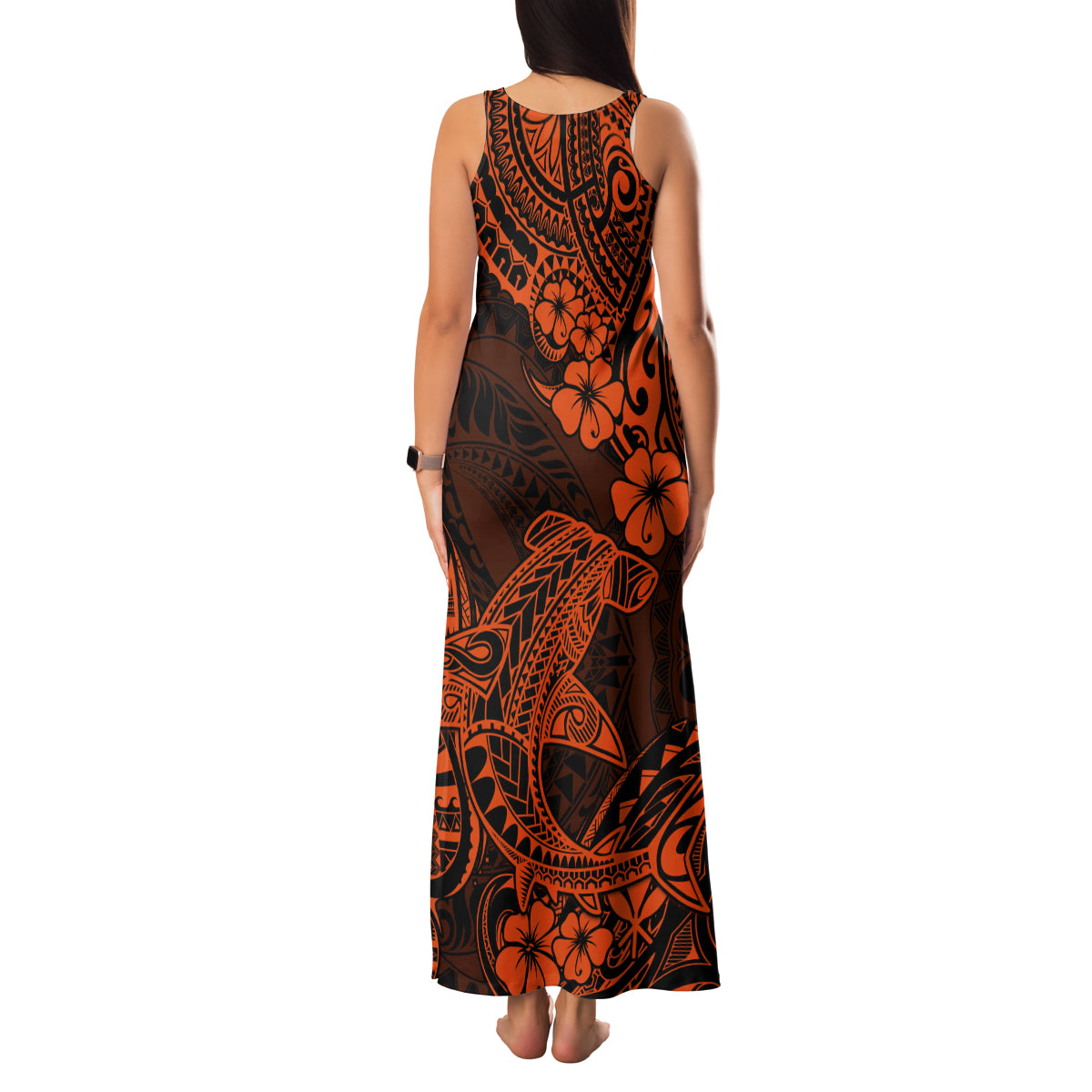 Hawaii Shark Family Matching Tank Maxi Dress and Hawaiian Shirt Polynesian Pattern Orange Version LT01 - Polynesian Pride