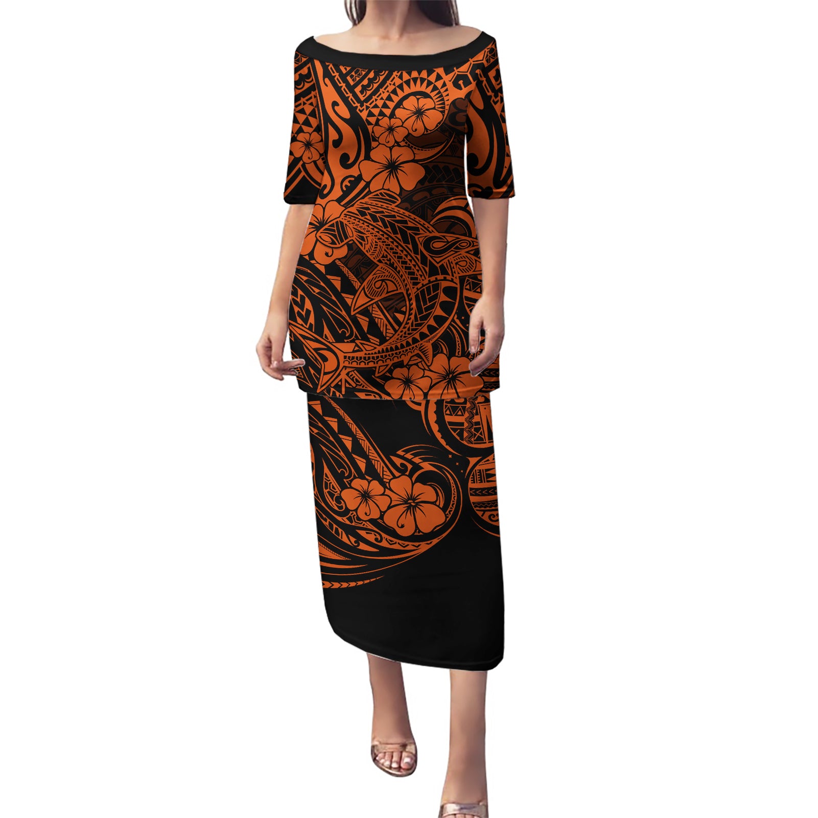 Hawaii Shark Puletasi Polynesian Pattern Orange Version LT01 Long Dress Orange - Polynesian Pride