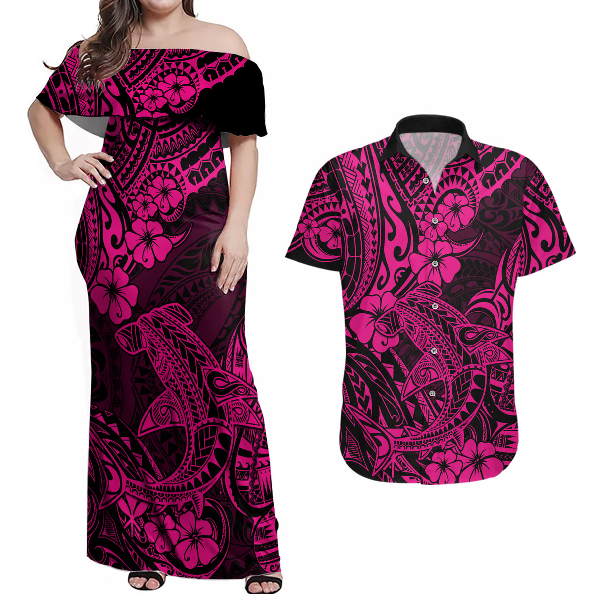 Hawaii Shark Couples Matching Off Shoulder Maxi Dress and Hawaiian Shirt Polynesian Pattern Pink Version LT01 Pink - Polynesian Pride