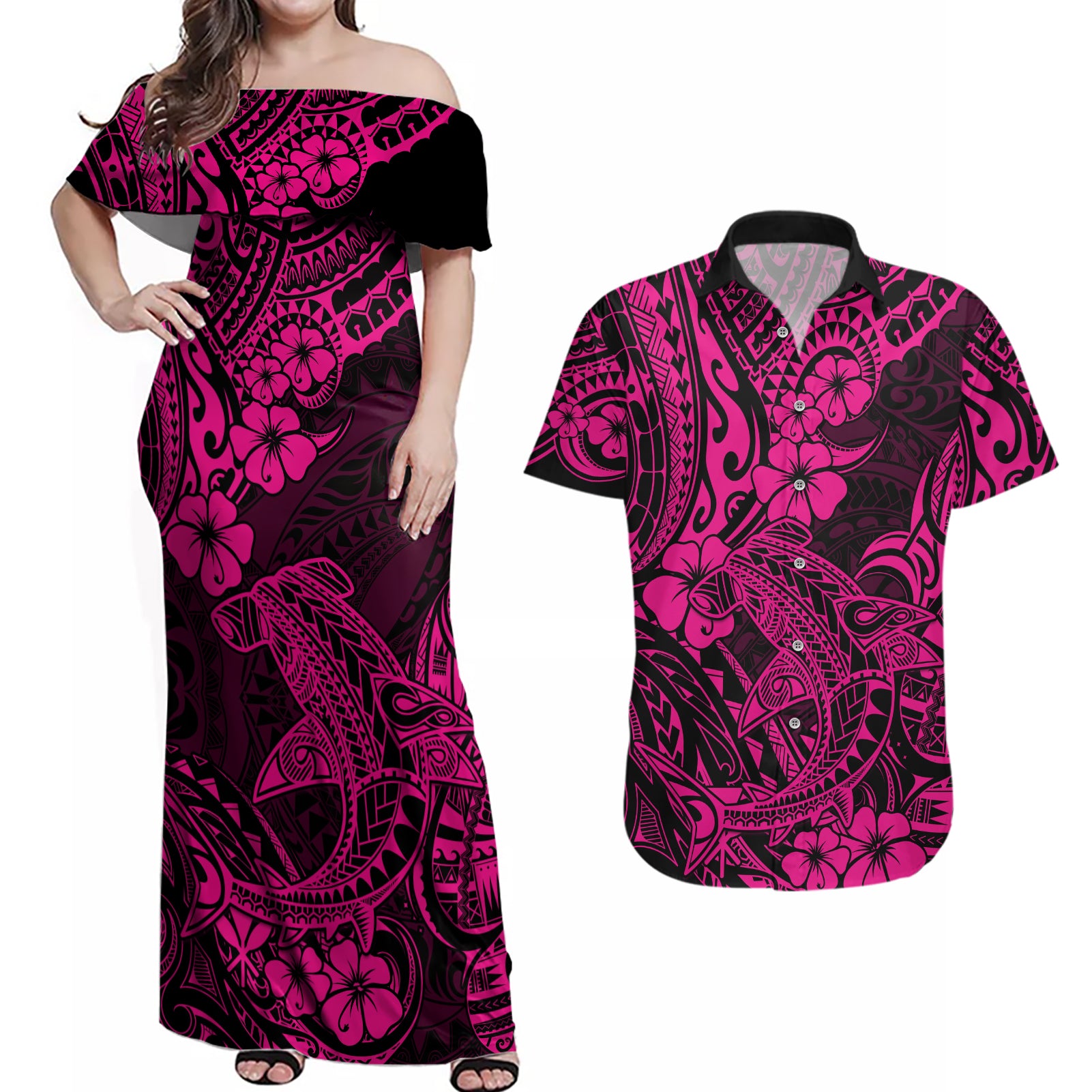 Hawaii Shark Couples Matching Off Shoulder Maxi Dress and Hawaiian Shirt Polynesian Pattern Pink Version LT01 Pink - Polynesian Pride