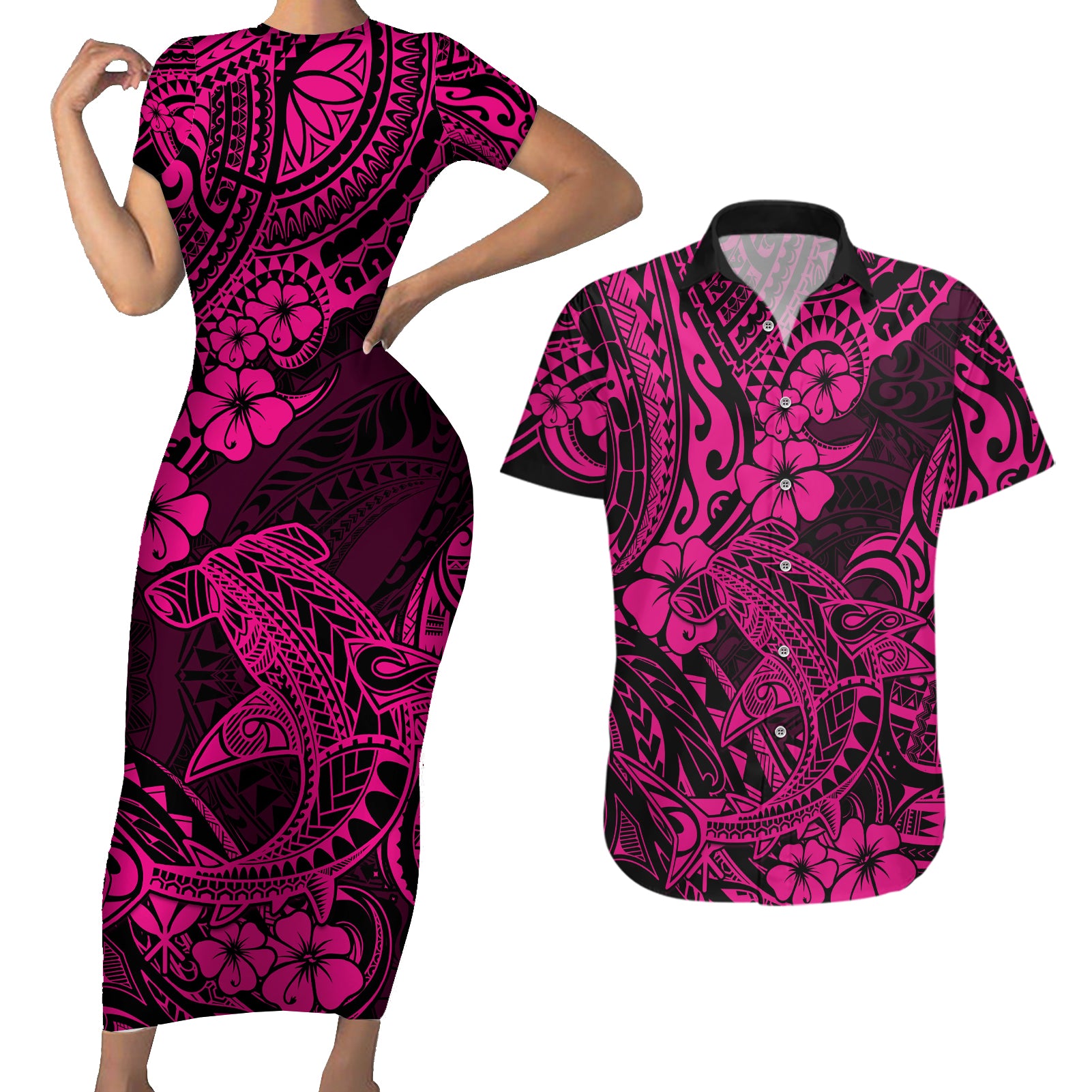 Hawaii Shark Couples Matching Short Sleeve Bodycon Dress and Hawaiian Shirt Polynesian Pattern Pink Version LT01 Pink - Polynesian Pride