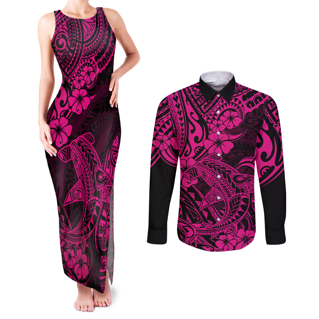 Hawaii Shark Couples Matching Tank Maxi Dress and Long Sleeve Button Shirts Polynesian Pattern Pink Version LT01 Pink - Polynesian Pride