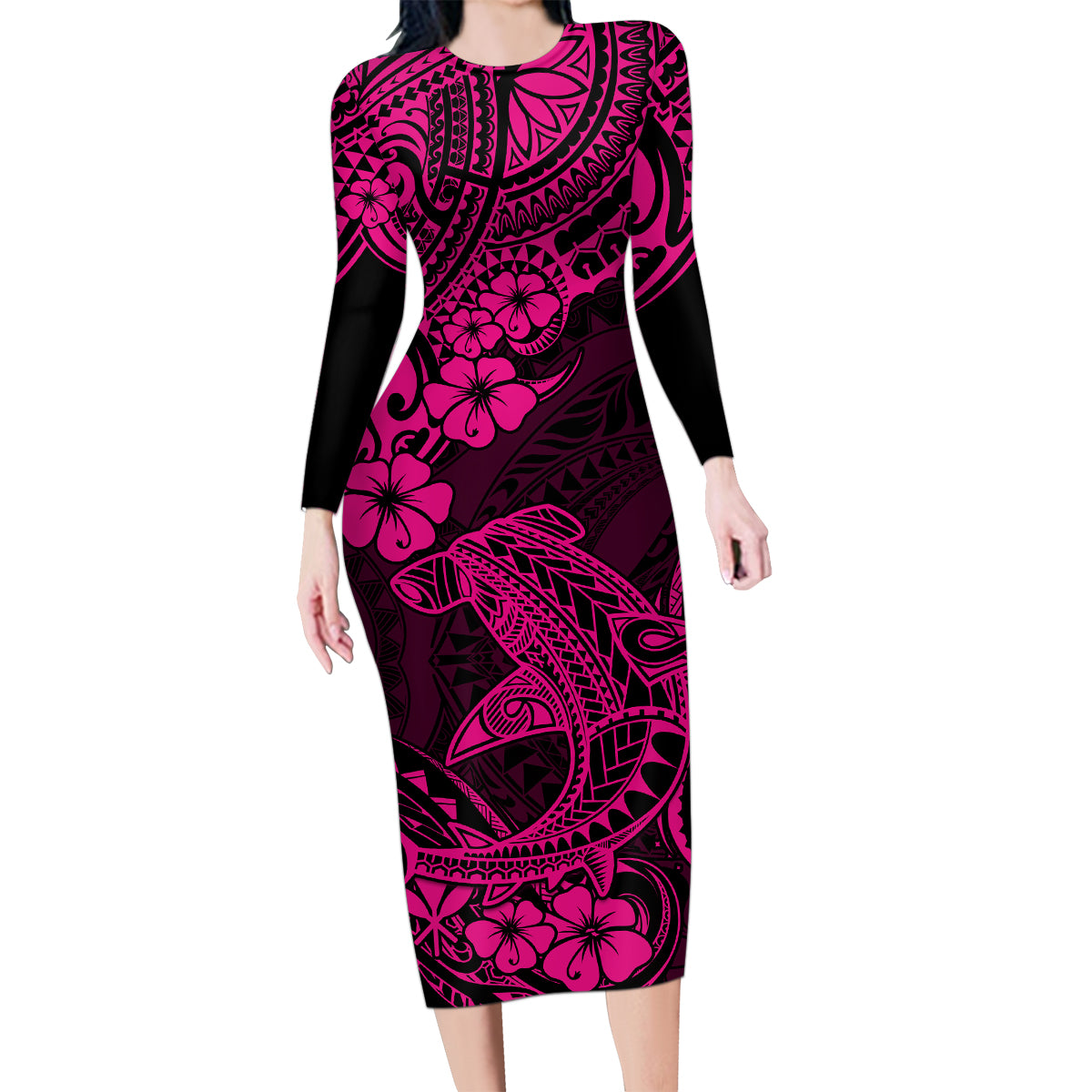 Hawaii Shark Family Matching Long Sleeve Bodycon Dress and Hawaiian Shirt Polynesian Pattern Pink Version LT01 Mom's Dress Pink - Polynesian Pride