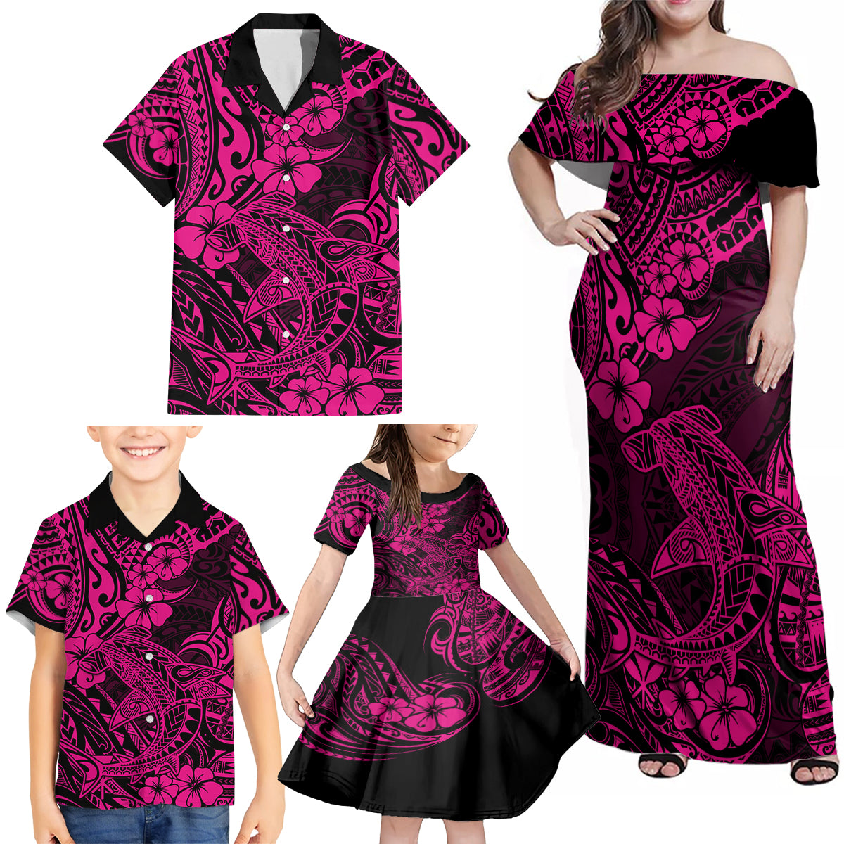 Hawaii Shark Family Matching Off Shoulder Maxi Dress and Hawaiian Shirt Polynesian Pattern Pink Version LT01 - Polynesian Pride