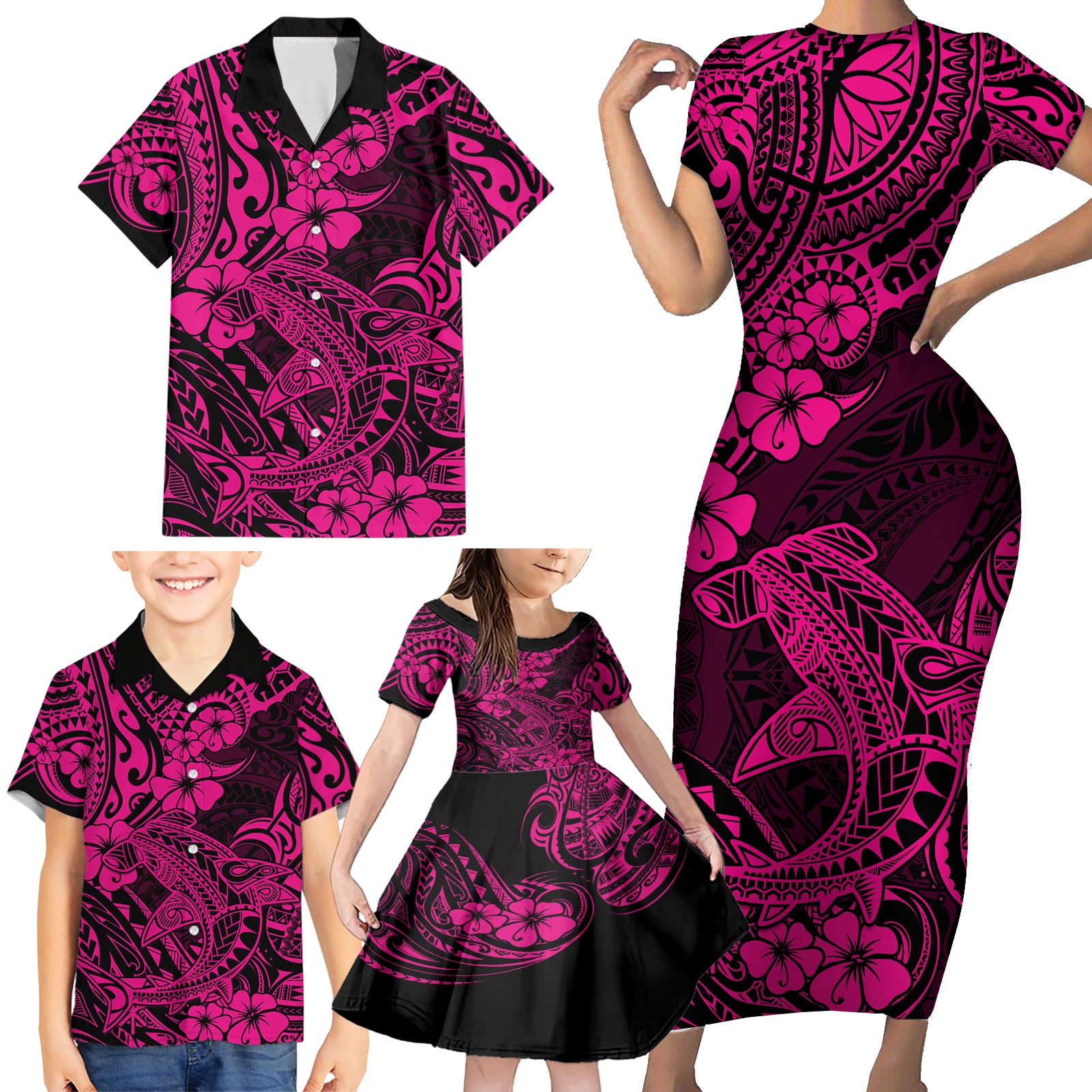 Hawaii Shark Family Matching Short Sleeve Bodycon Dress and Hawaiian Shirt Polynesian Pattern Pink Version LT01 - Polynesian Pride