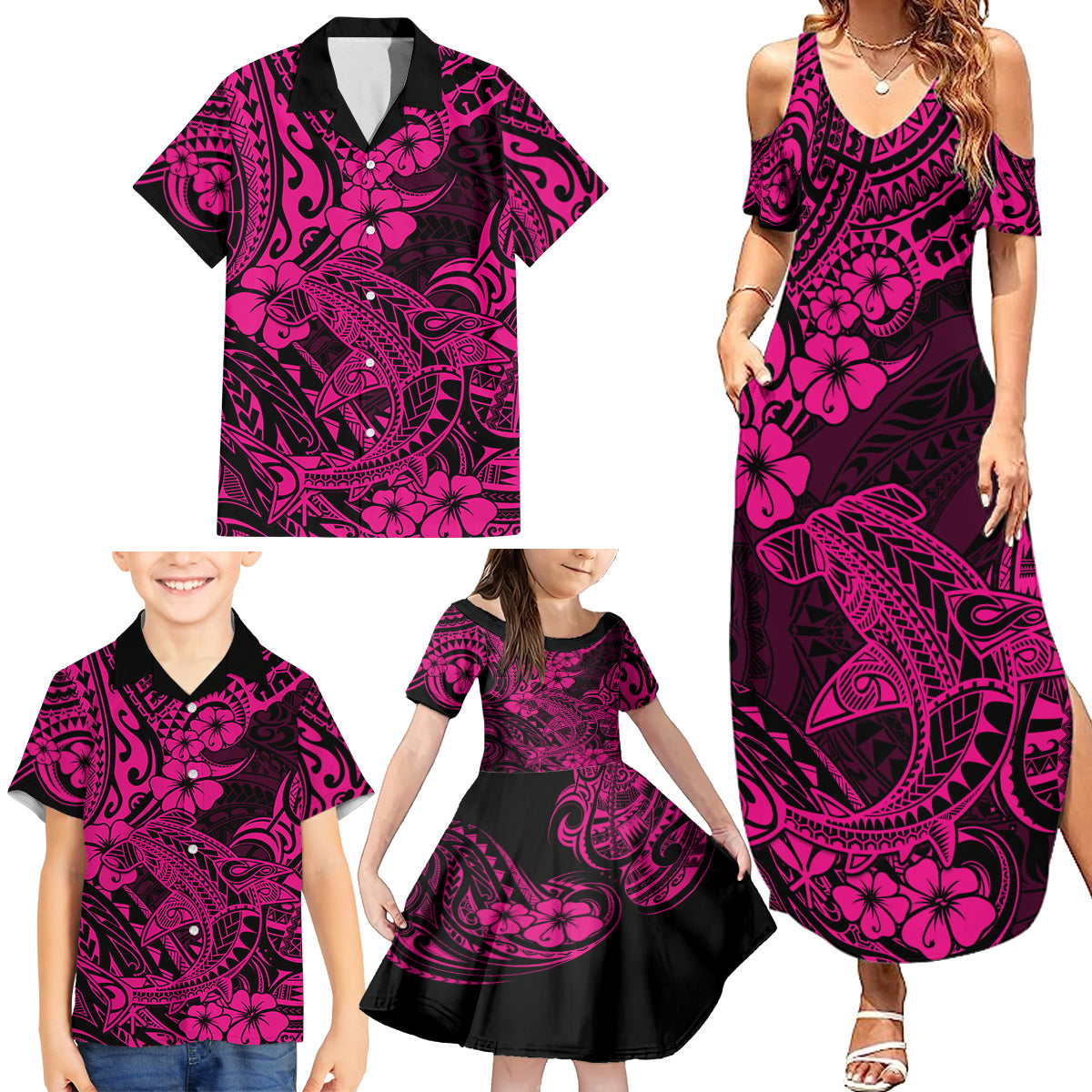 Hawaii Shark Family Matching Summer Maxi Dress and Hawaiian Shirt Polynesian Pattern Pink Version LT01 - Polynesian Pride