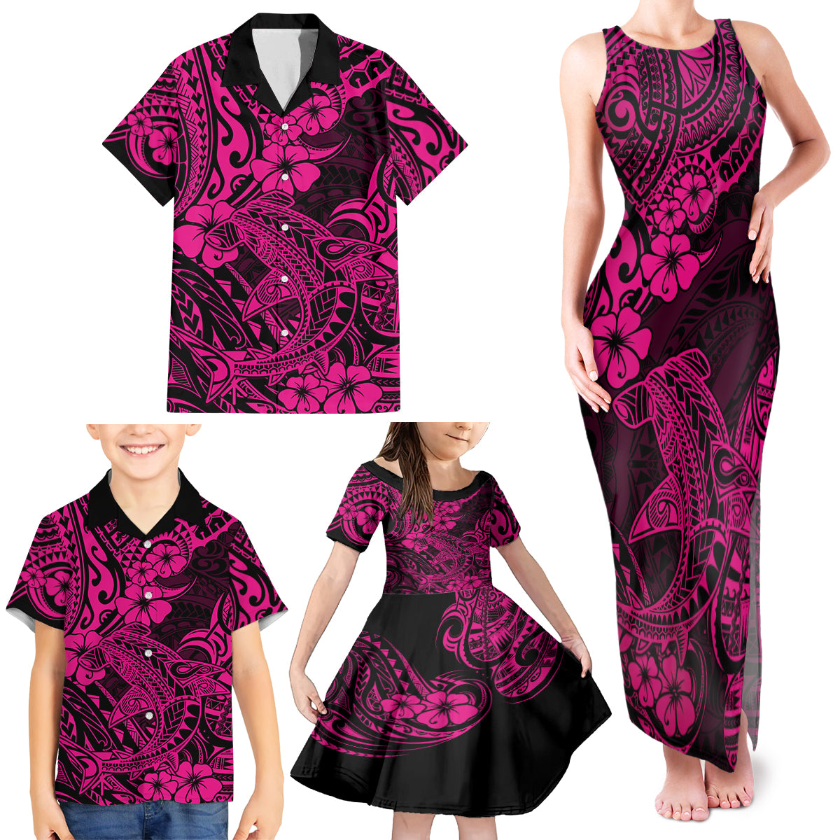 Hawaii Shark Family Matching Tank Maxi Dress and Hawaiian Shirt Polynesian Pattern Pink Version LT01 - Polynesian Pride