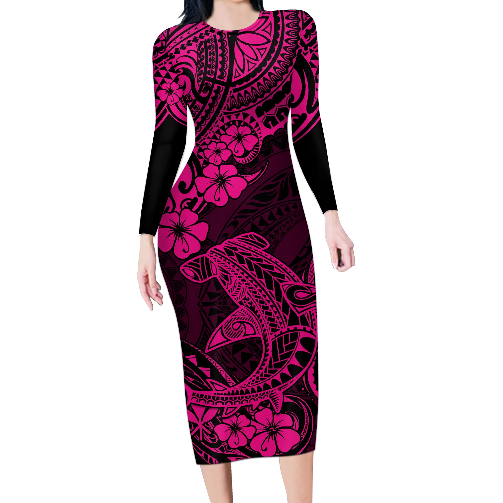 Hawaii Shark Long Sleeve Bodycon Dress Polynesian Pattern Pink Version LT01 Long Dress Pink - Polynesian Pride